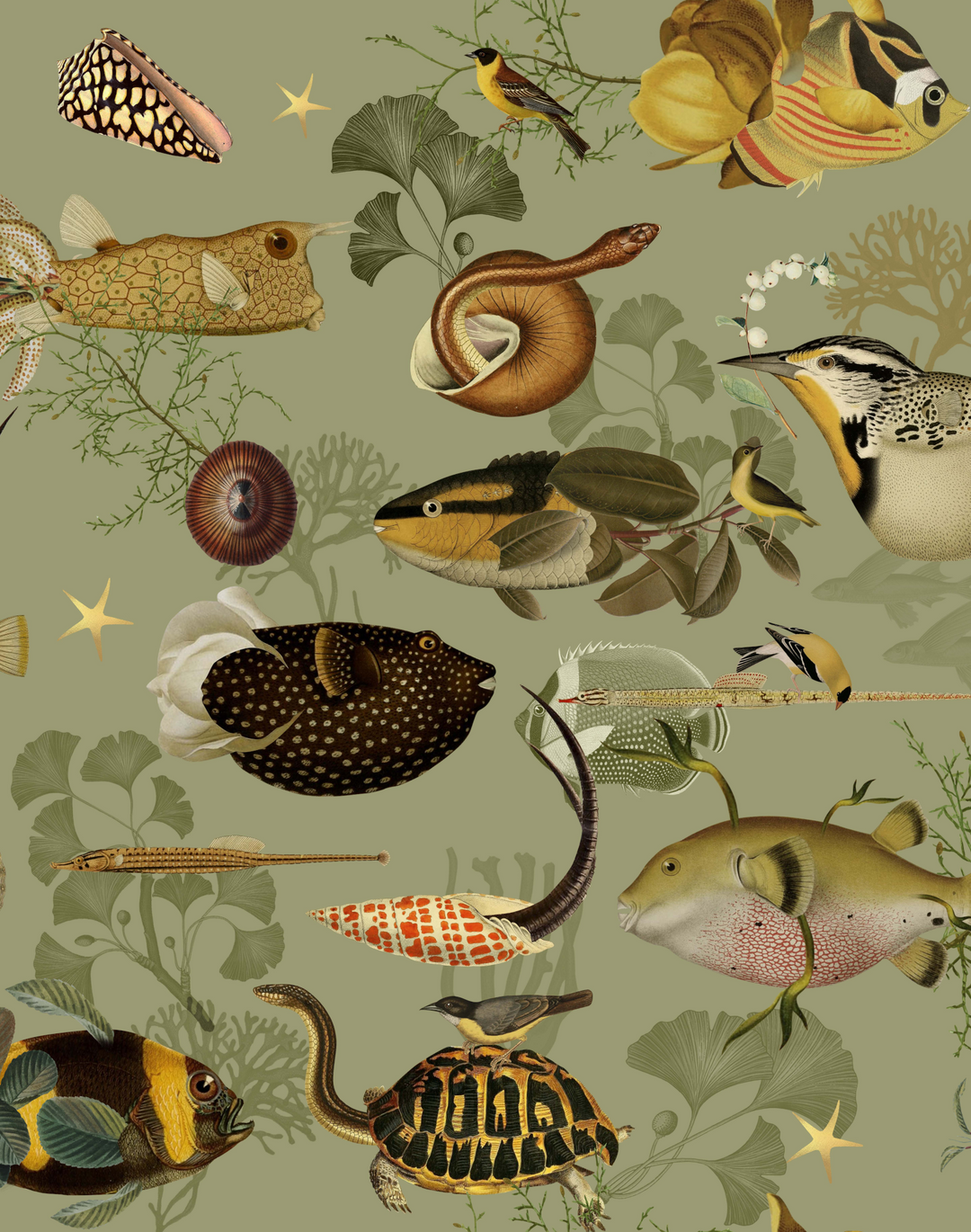 Green Fishes Wallfabric