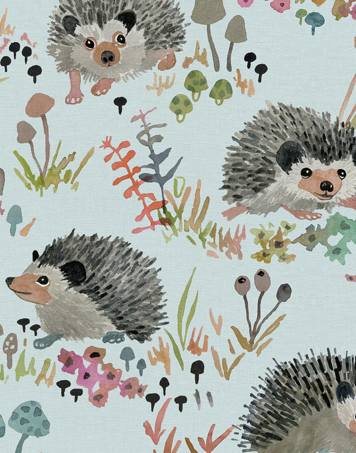 Hedgehogs, Aqua - Linen Fabric