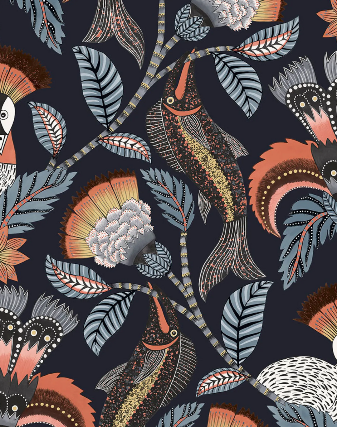 Nene, Terracotta with Cerulean Blue & Heath Grey on Midnight 119/8038