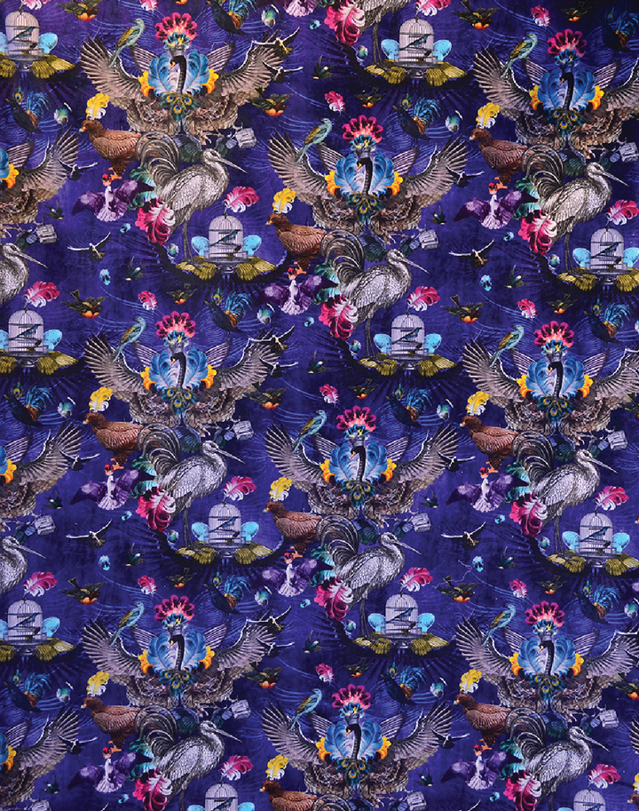 Arrivee des Oiseaux Fabric, Cobalt - Cotton Velvet Fabric