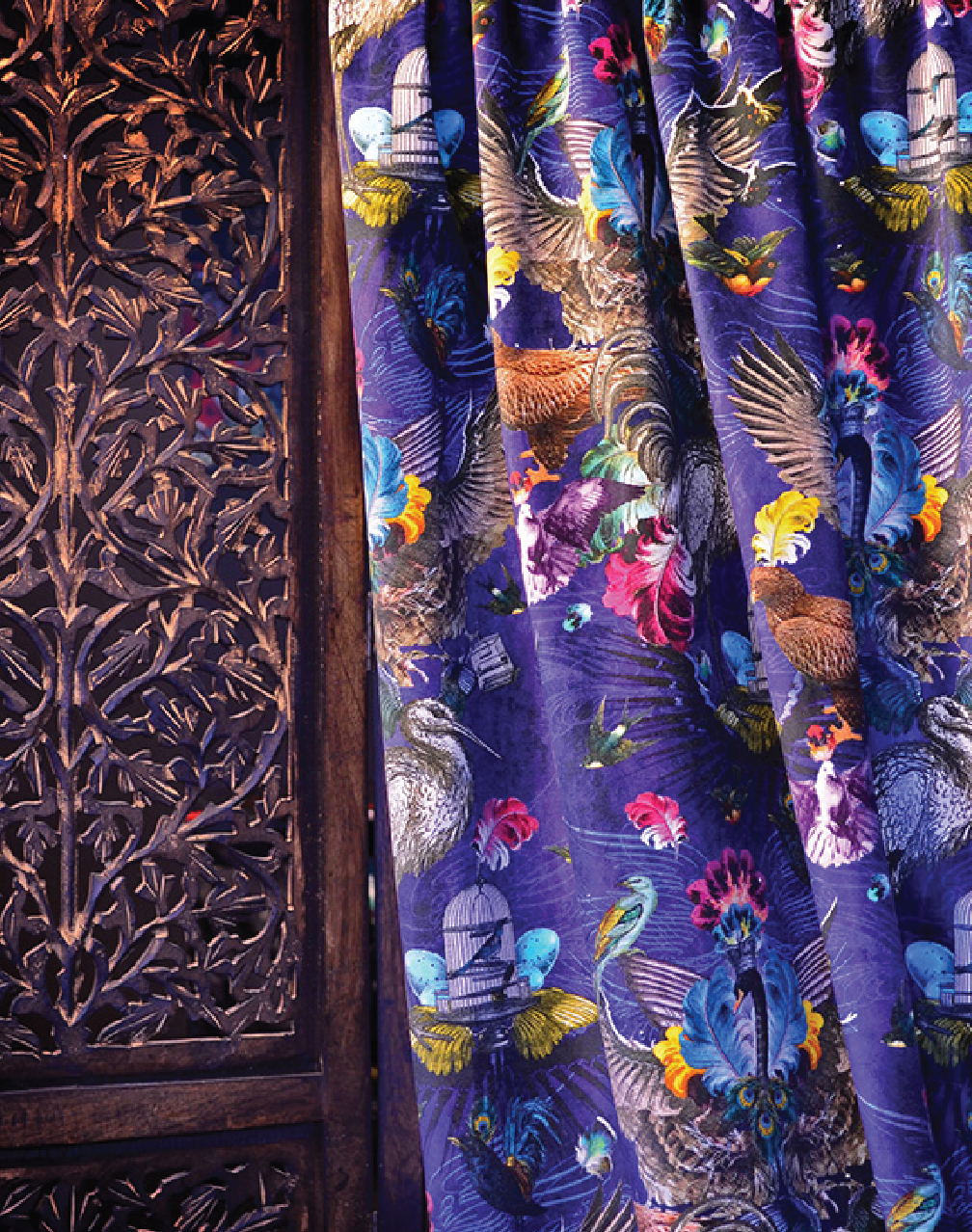 Arrivee des Oiseaux Fabric, Cobalt - Cotton Velvet Fabric