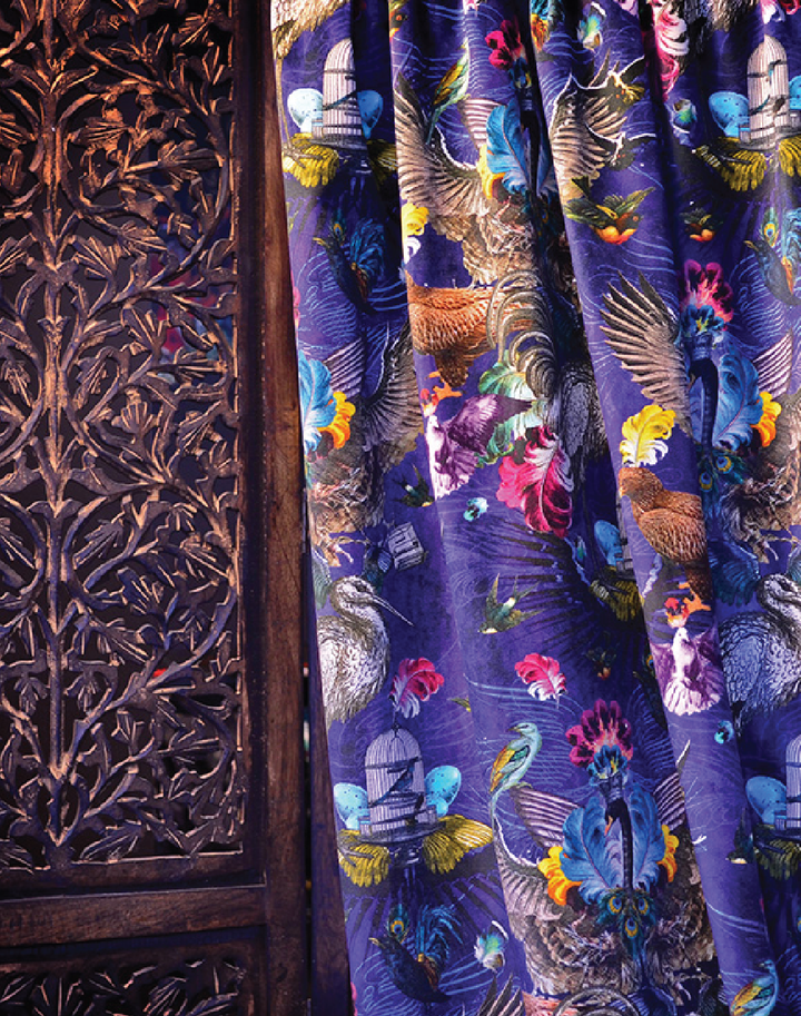 Arrivee des Oiseaux Fabric, Cobalt - Cotton Velvet Fabric