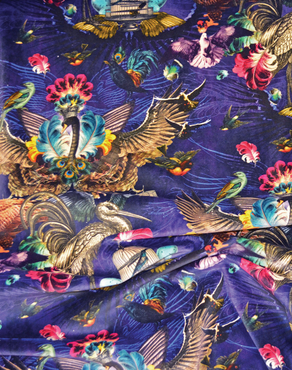 Arrivee des Oiseaux Fabric, Cobalt - Cotton Velvet Fabric
