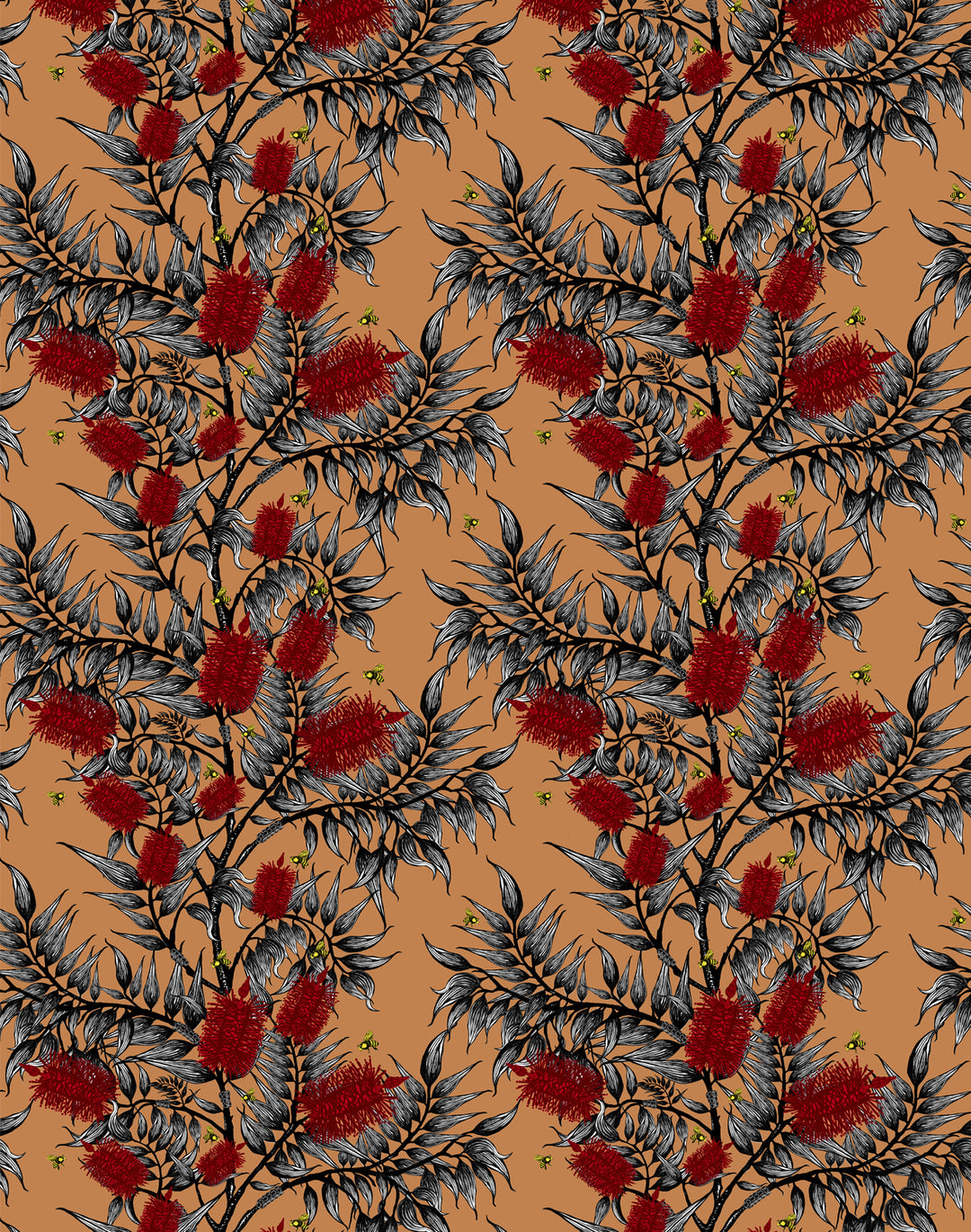 Bees in the Bottlebrush, Red Flowers on Tan