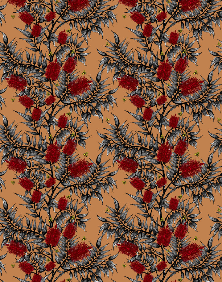 Bees in the Bottlebrush, Red Flowers on Tan