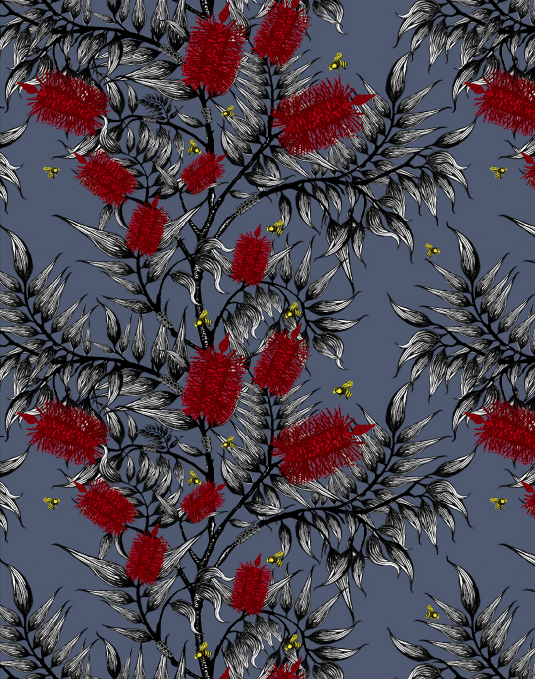 Bees in the Bottlebrush, Red Flowers on Bruce