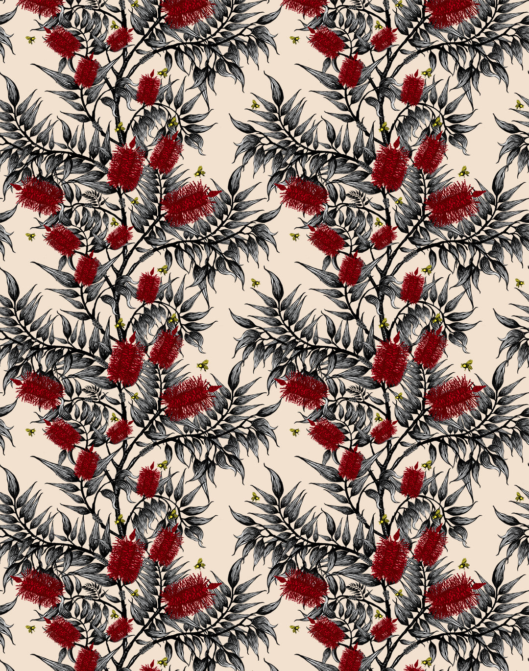 Bees in the Bottlebrush, Red Flowers on Worn White