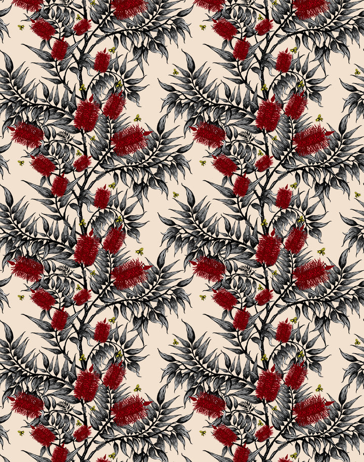 Bees in the Bottlebrush, Red Flowers on Worn White