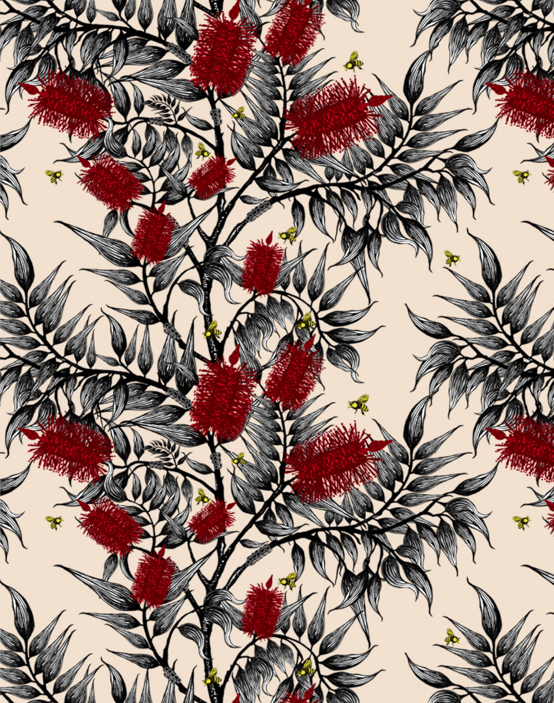 Bees in the Bottlebrush, Red Flowers on Worn White