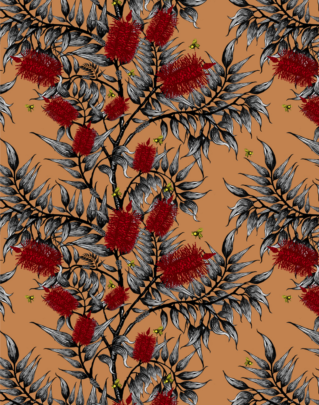 Bees in the Bottlebrush, Red Flowers on Tan