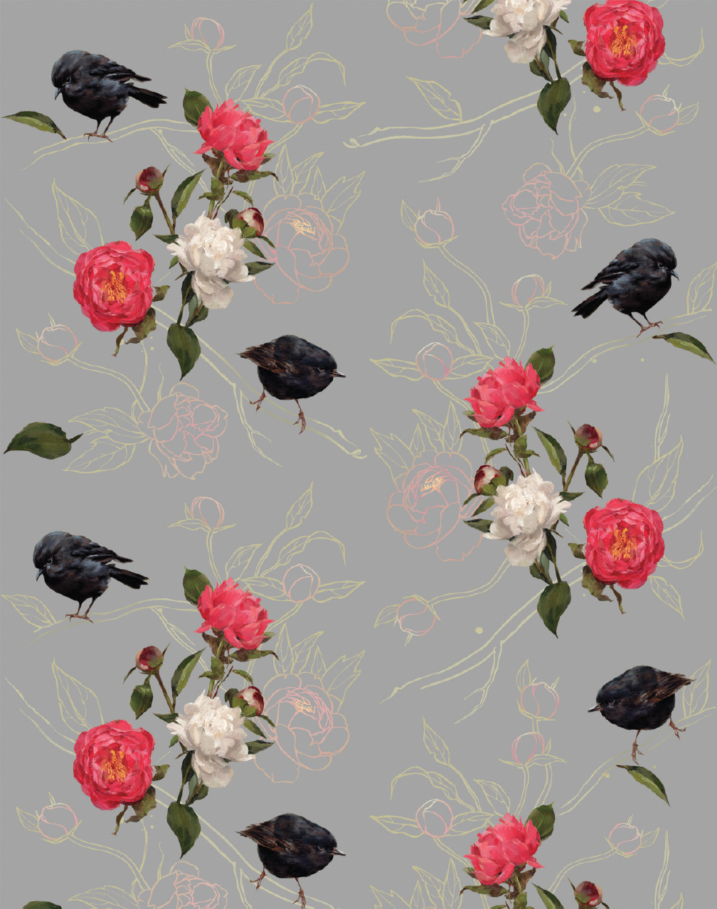 Blossoms & Birds Dusky Pink Wallpaper