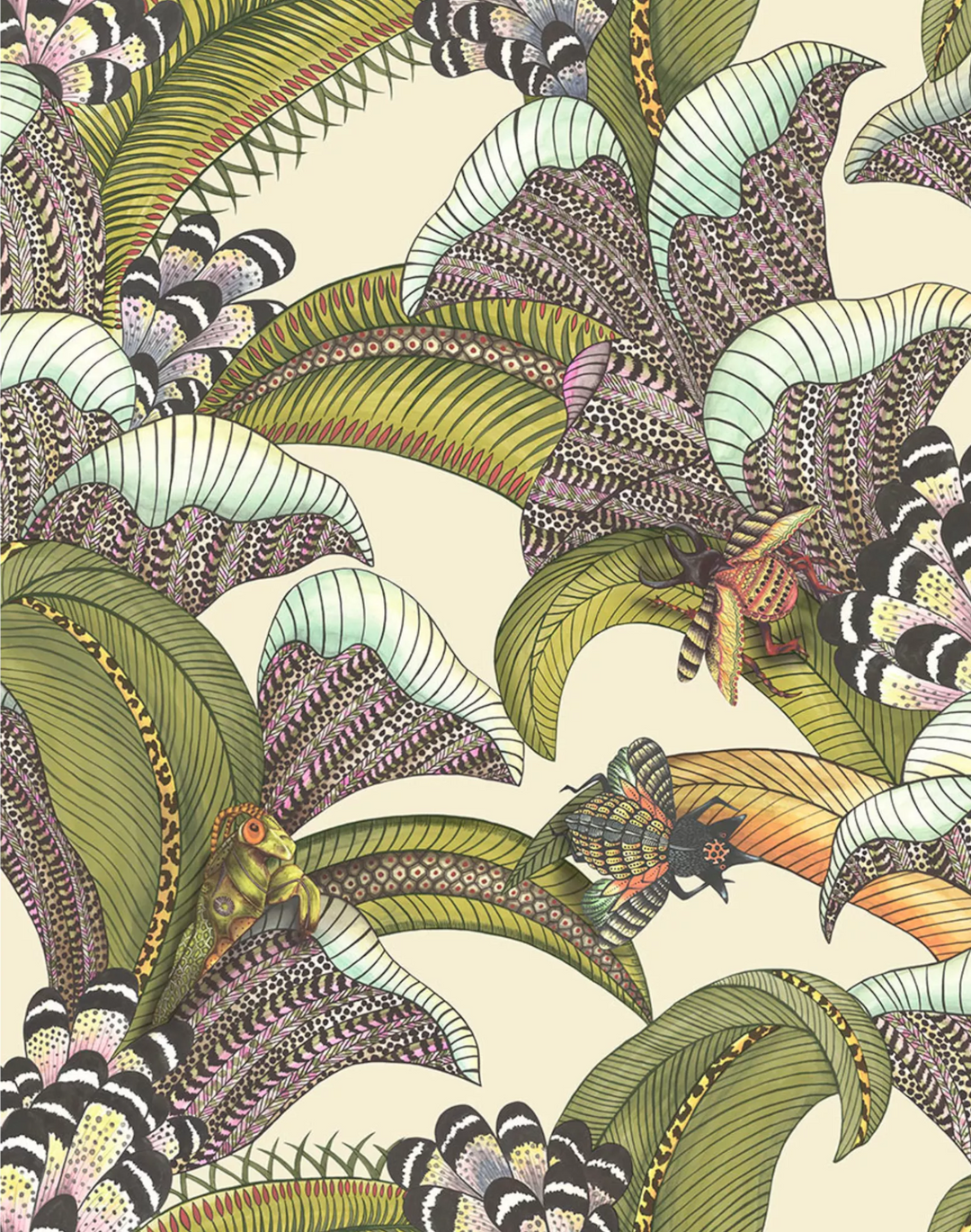 Hoopoe Leaves, Olive/Chart/Fuchsia On Cream 119-1001