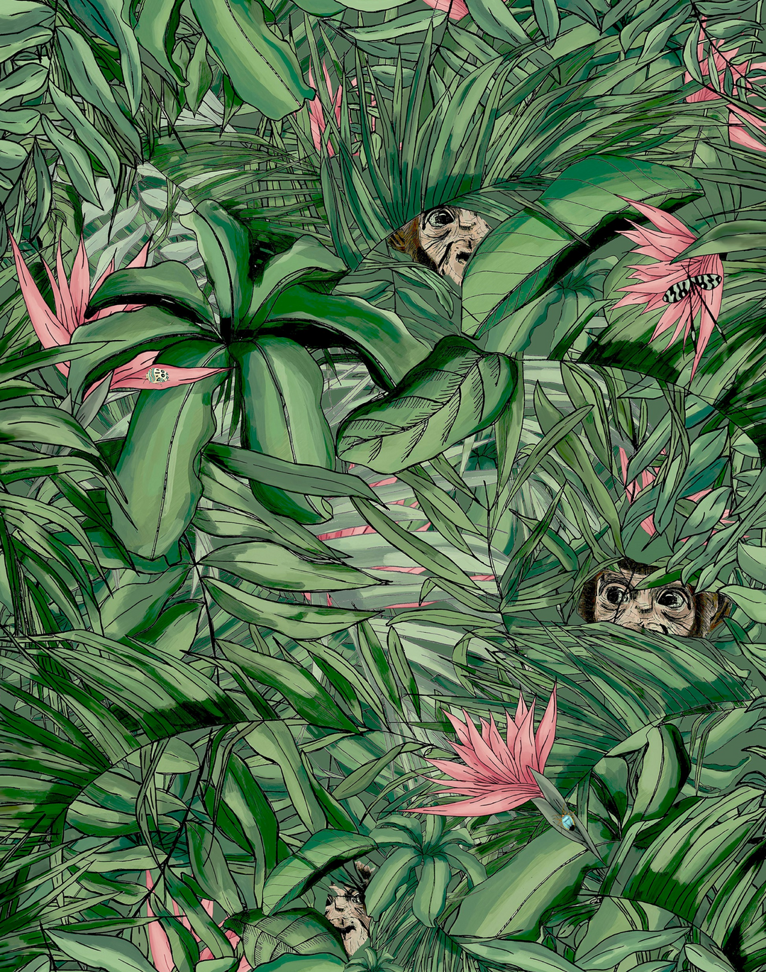 MONKEY FOREST DARK GREEN & PINK