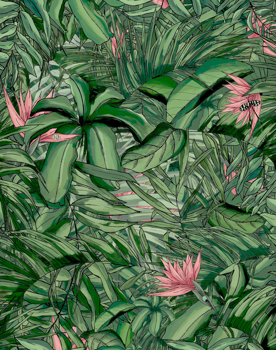 TROPICAL FOREST DARK GREEN & PINK