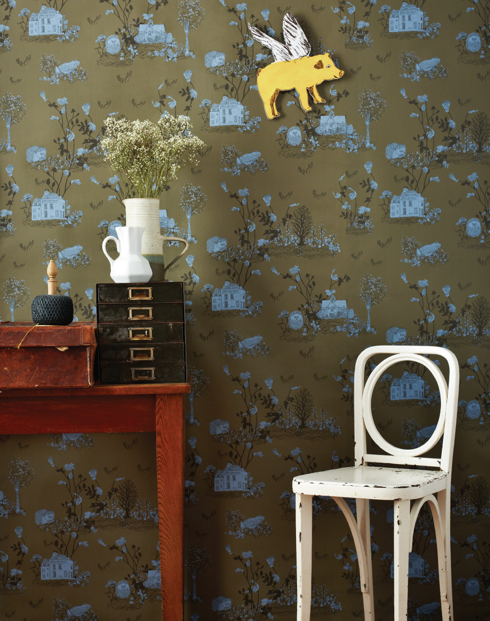 Woodlands Wallpaper in Khaki Blue