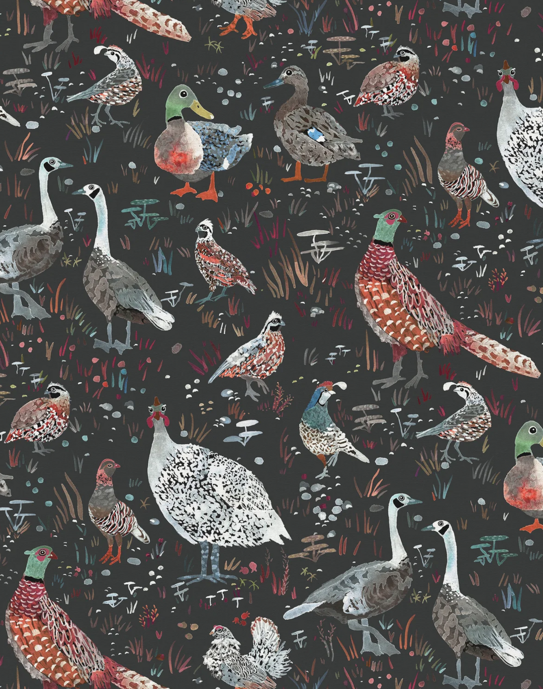 Bird Season, Charcoal - Linen Fabric