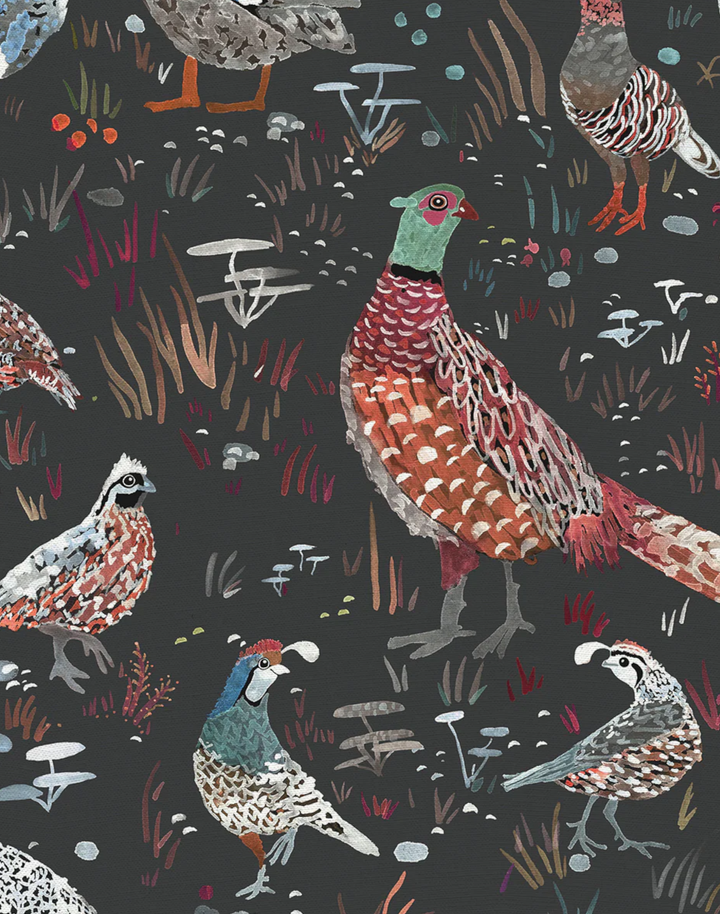 Bird Season, Charcoal - Linen Fabric