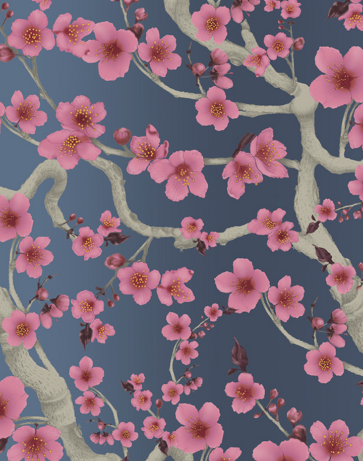 Cherry Blossom Floraison, Pink on Smokey Blue