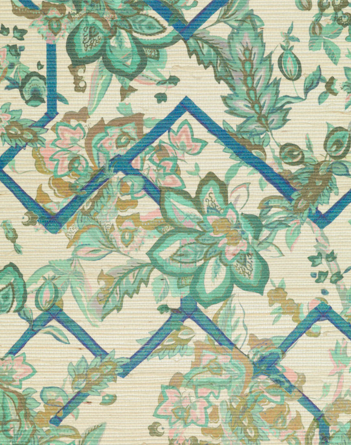Creeping Trellis Grasscloth, Ice Emerald Rose