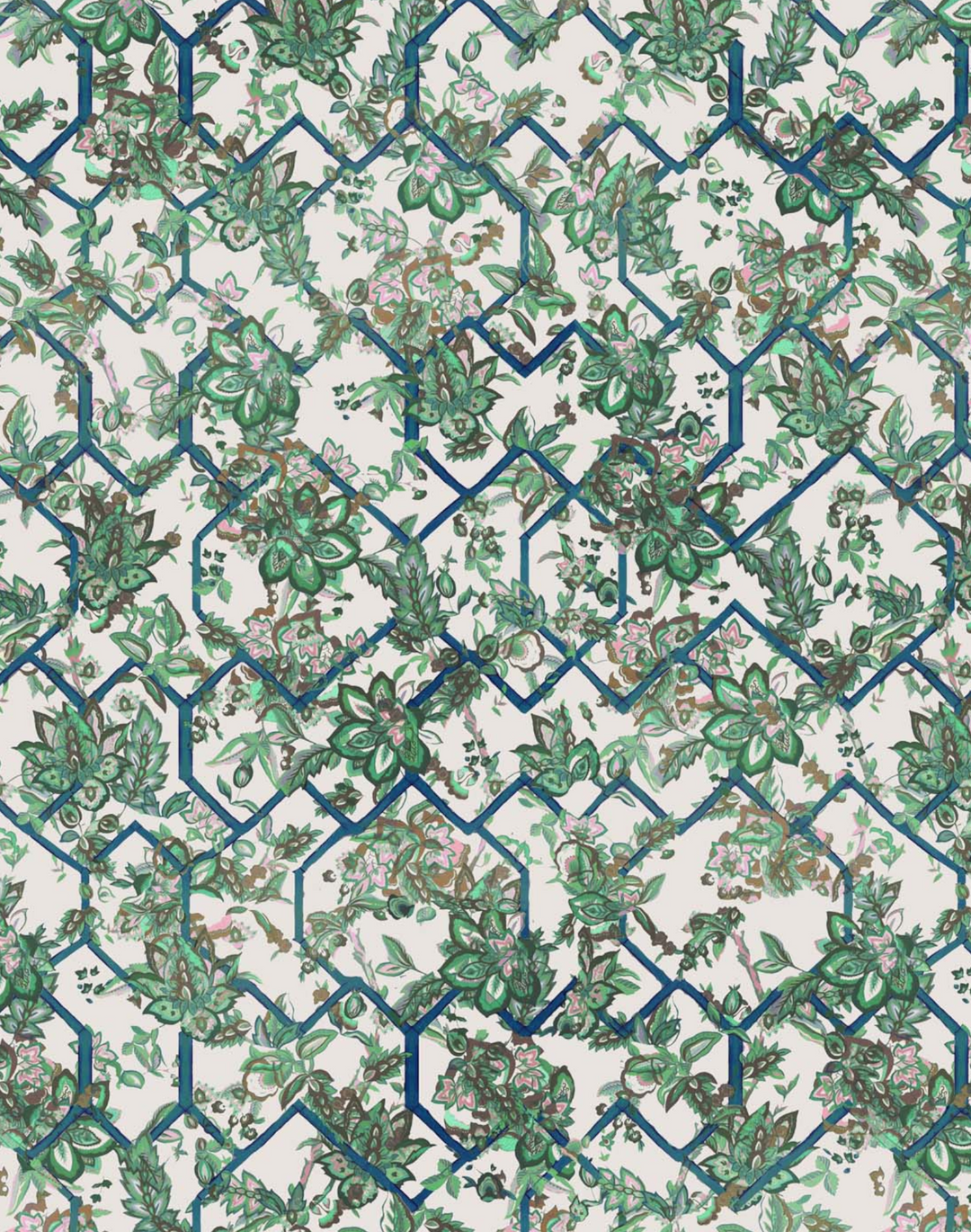 Creeping Trellis, Ice Emerald Rose - Linen Fabric