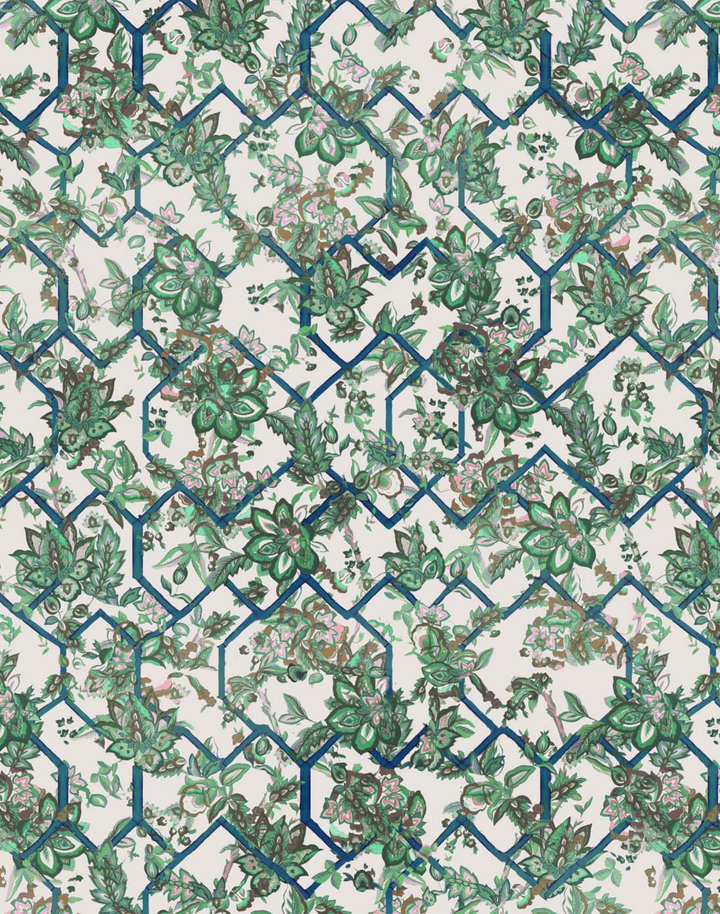 Creeping Trellis, Ice Emerald Rose - Linen Fabric
