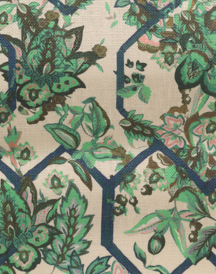 Creeping Trellis, Ice Emerald Rose - Linen Fabric