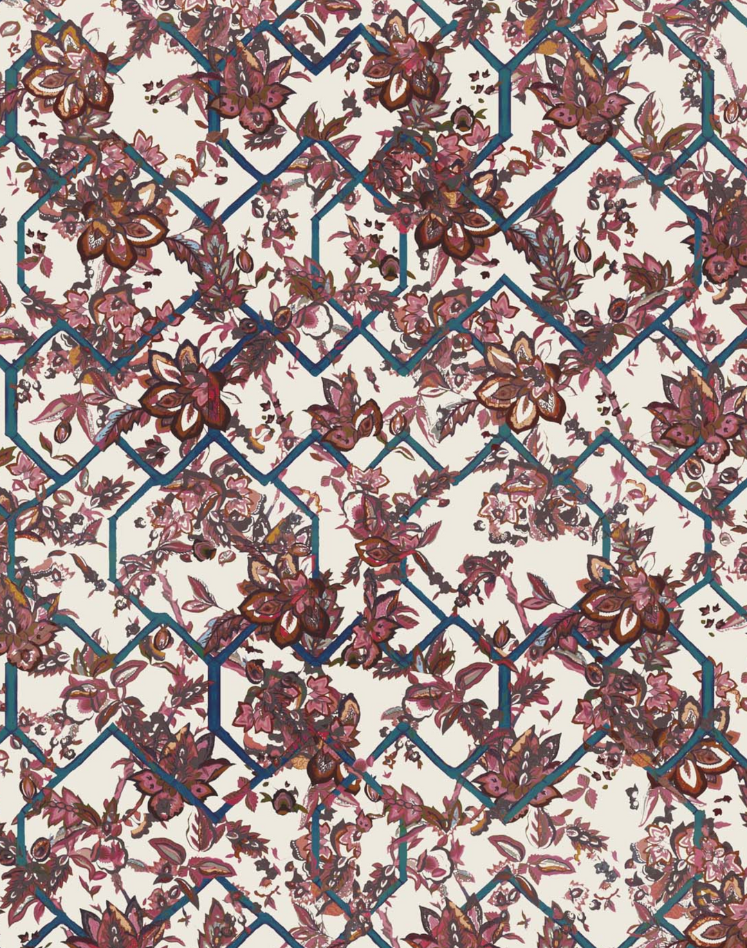 Creeping Trellis, Wedgewood Red - Linen Fabric