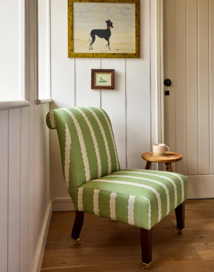 Double Scroll Stripe, Spring Green - Linen Fabric