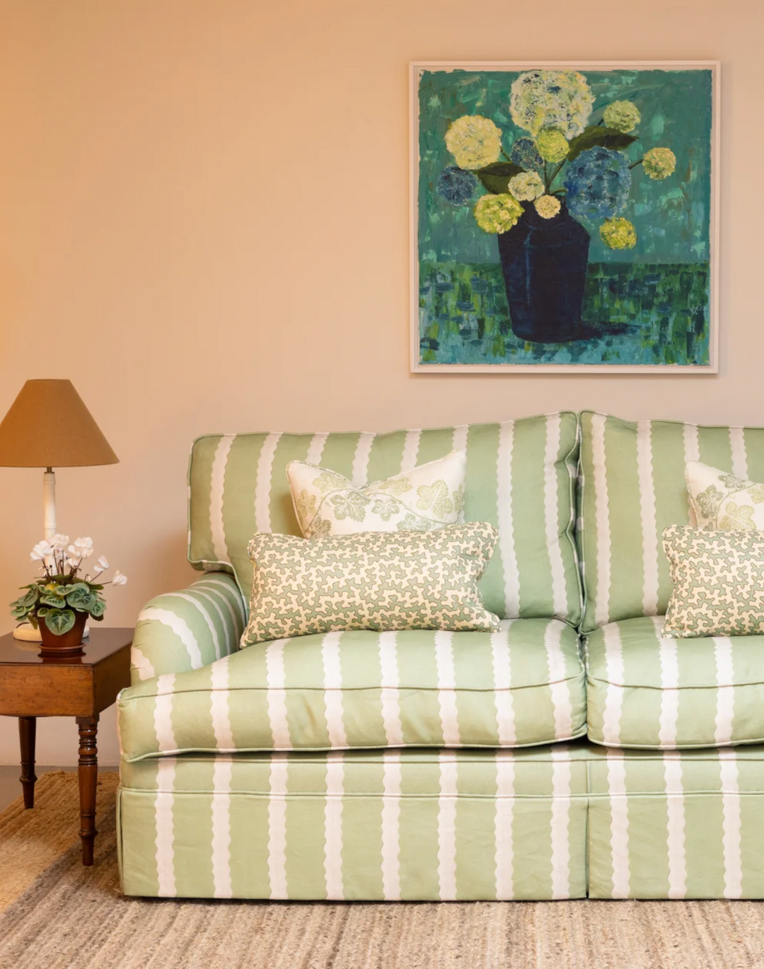 Double Scroll Stripe, Spring Green - Linen Fabric