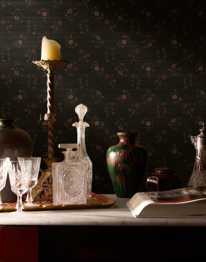 Floral Cascade Grasscloth, Velvet Void WPLN0159