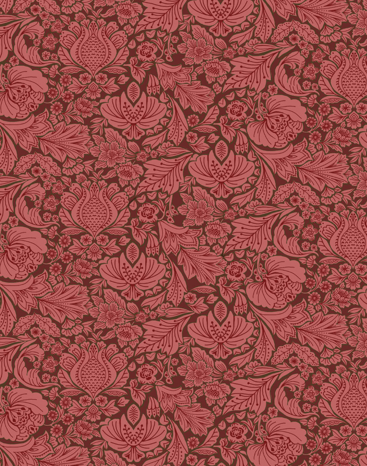 Folk Floral, Crimson - Linen Fabric