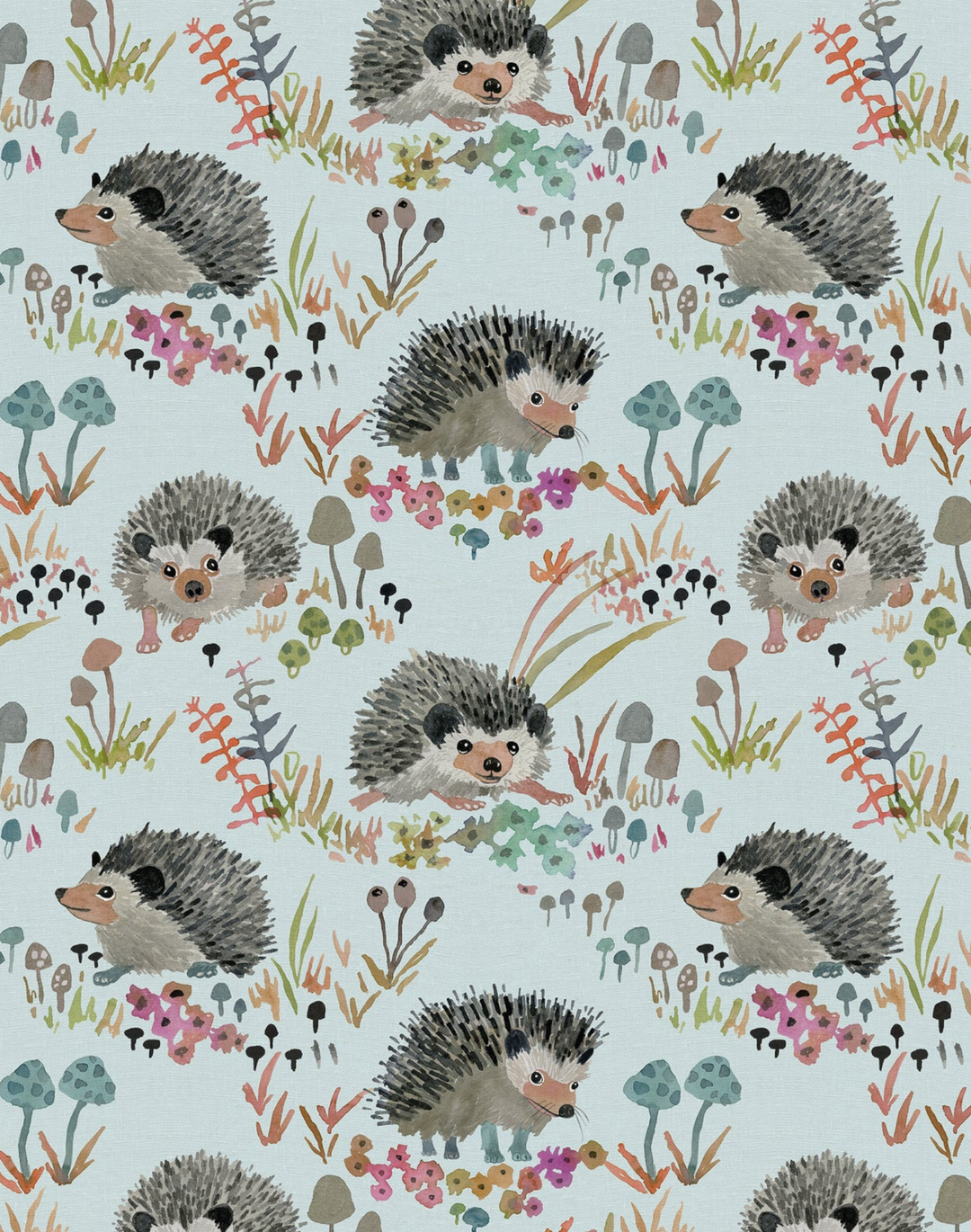 Hedgehogs, Aqua - Linen Fabric