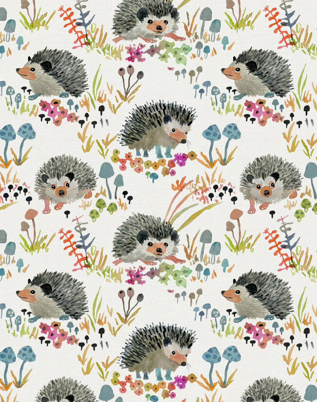 Hedgehogs, White - Linen Fabric