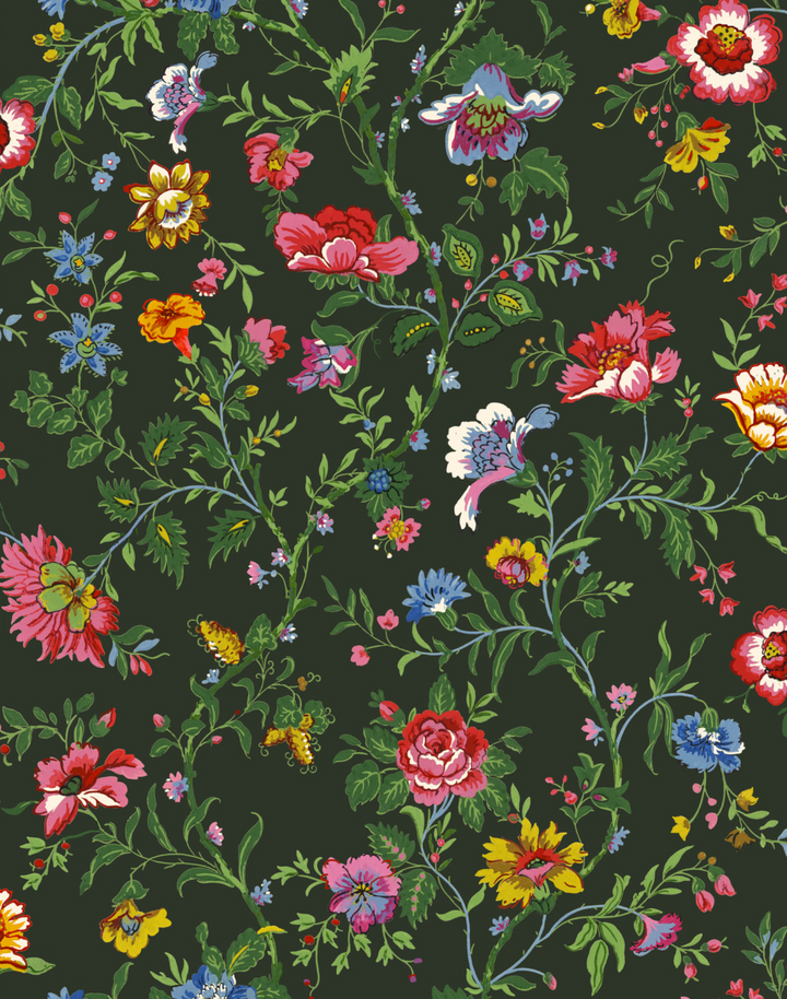 Mabel in Bloom, Forest Green - Linen Fabric
