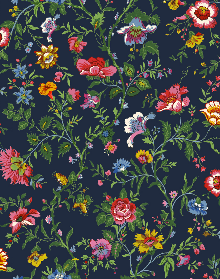 Mabel in Bloom, Midnight - Linen Fabric