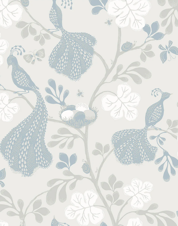 Night Birds Linen Fabric, Light Blue