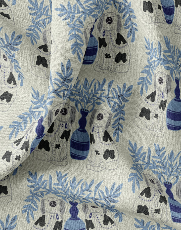 Pair of Dogs, Delft Blue - Linen Fabric