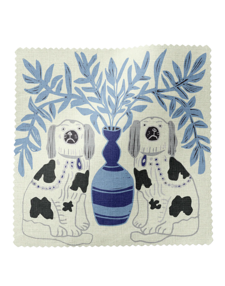 Pair of Dogs, Delft Blue - Linen Fabric