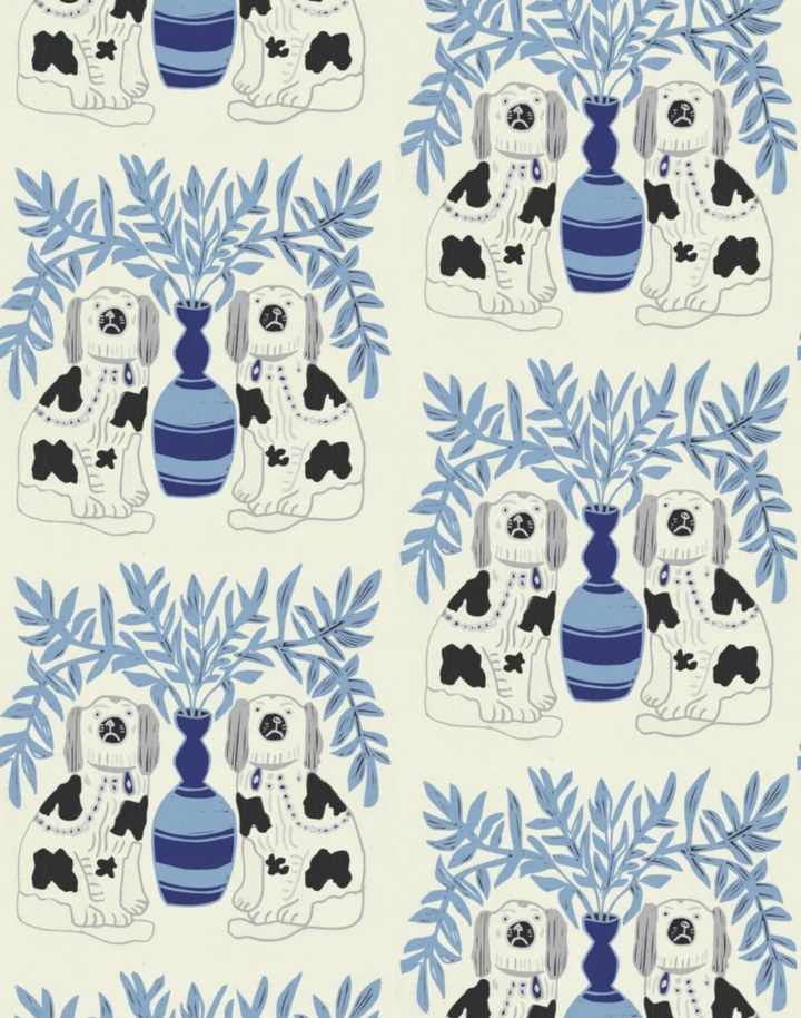 Pair of Dogs, Delft Blue - Linen Fabric