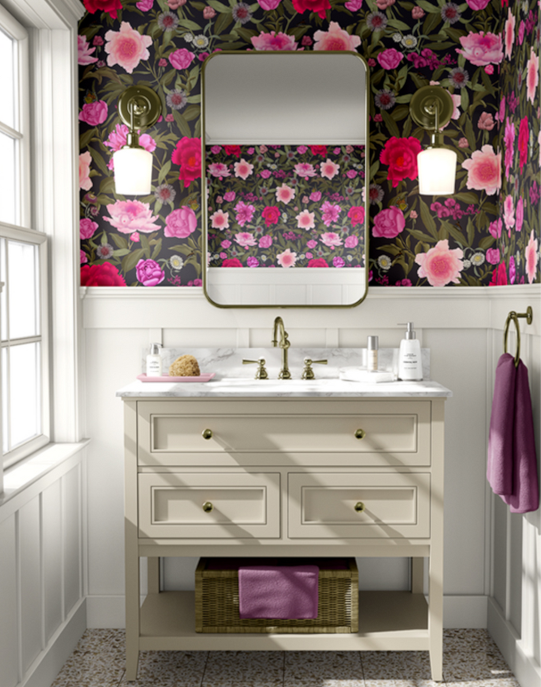 Peonies With Wildflowers, Fuschia