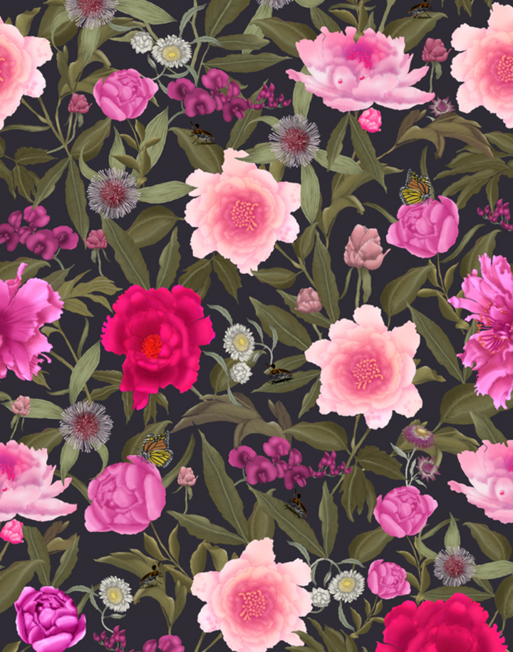 Peonies With Wildflowers, Fuschia