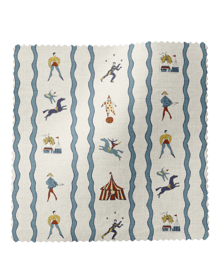 Run Away to the Circus, Blue - Linen Fabric