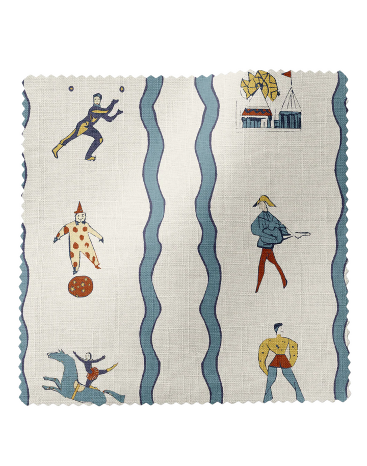 Run Away to the Circus, Blue - Linen Fabric