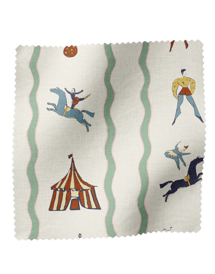 Run Away to the Circus, Green - Linen Fabric