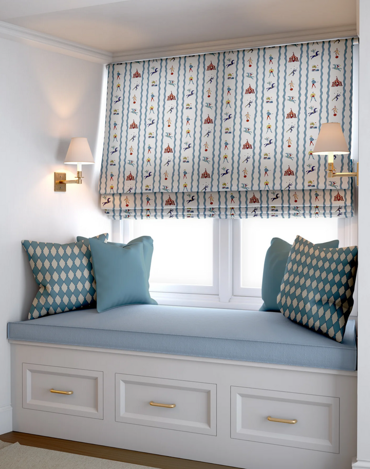 Run Away to the Circus, Blue - Linen Fabric