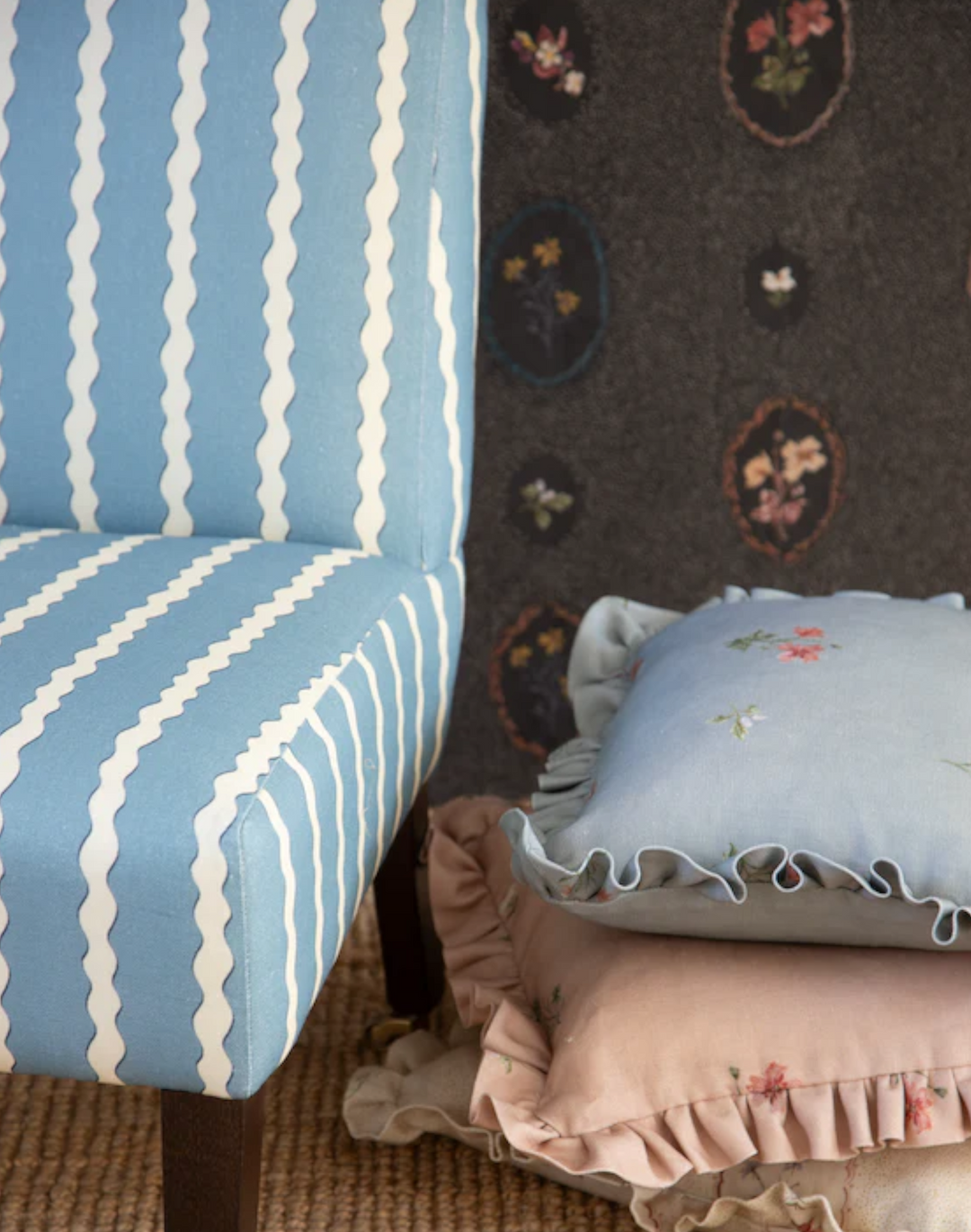 Scroll Stripe, Sky Blue - Linen Fabric