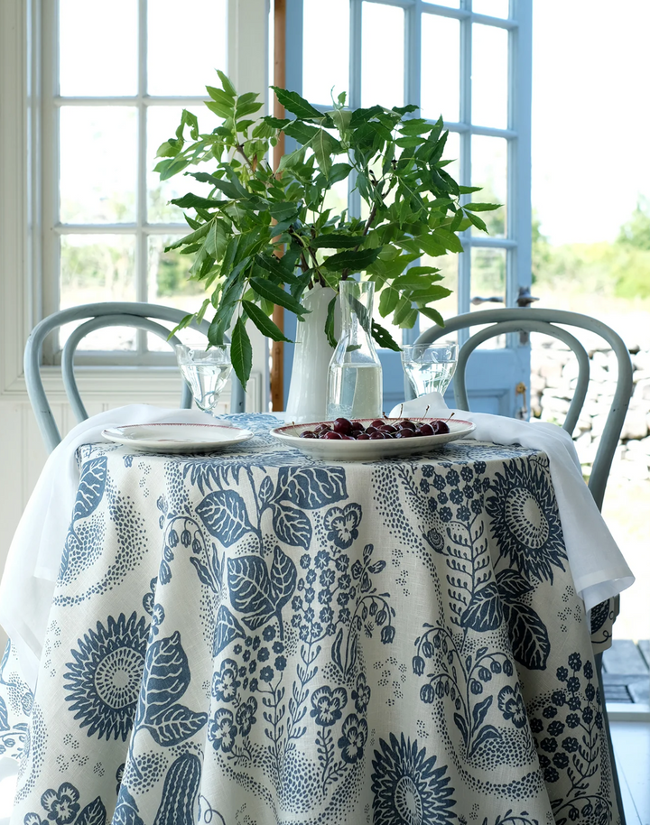 September at Rosendal Linen Fabric, Ebony/Blue