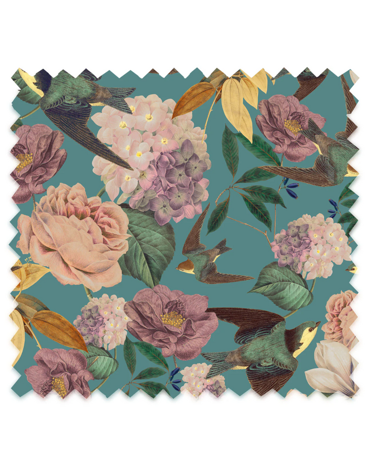 Swallows & Blooms, Teal Fabric