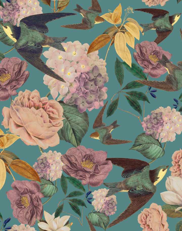 Swallows & Blooms, Teal Fabric