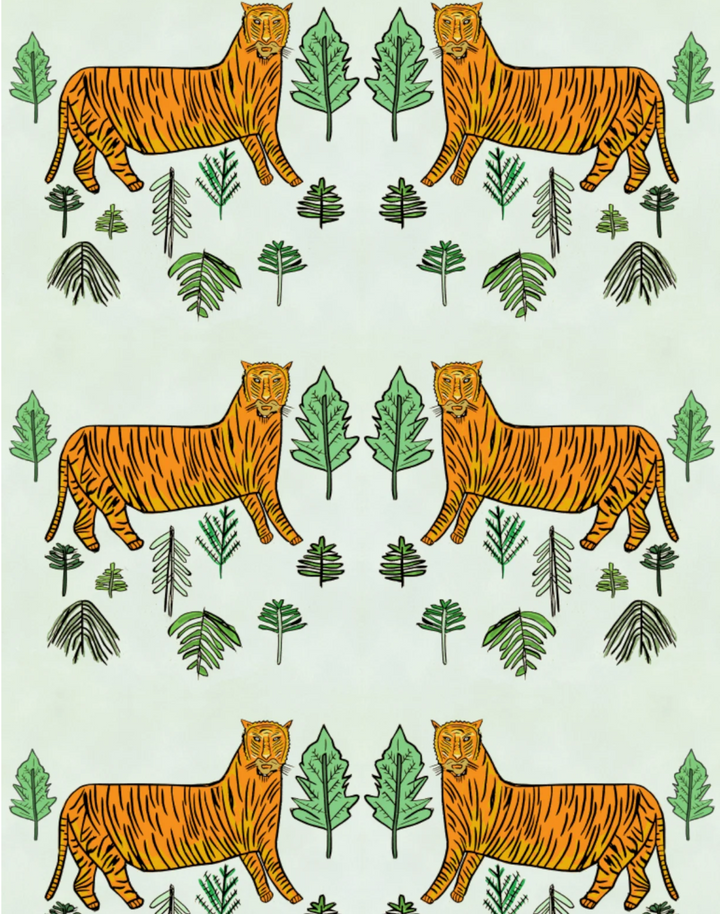 Tiger Tiger, Mint - Linen Fabric